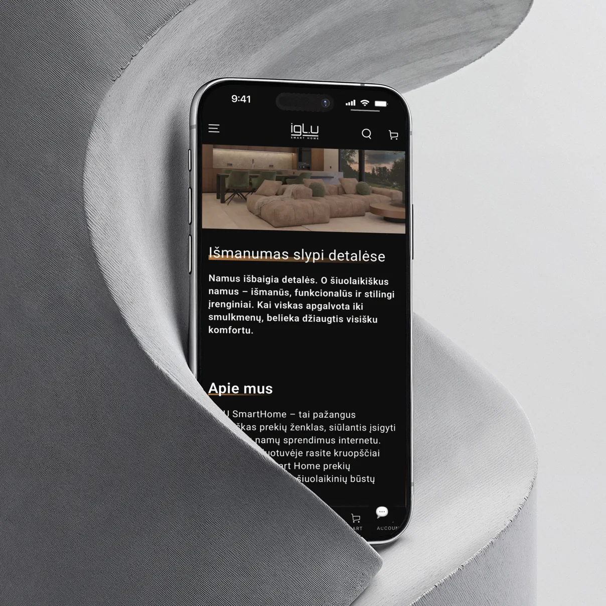 IGLU SmartHome puslapis apie išmaniuosius namus telefone